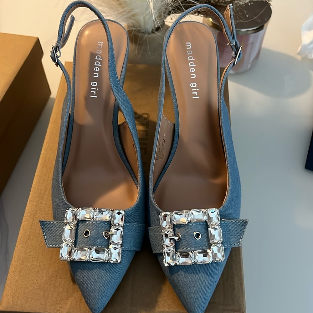 Madden girl denim slingbacks with embelished buckle